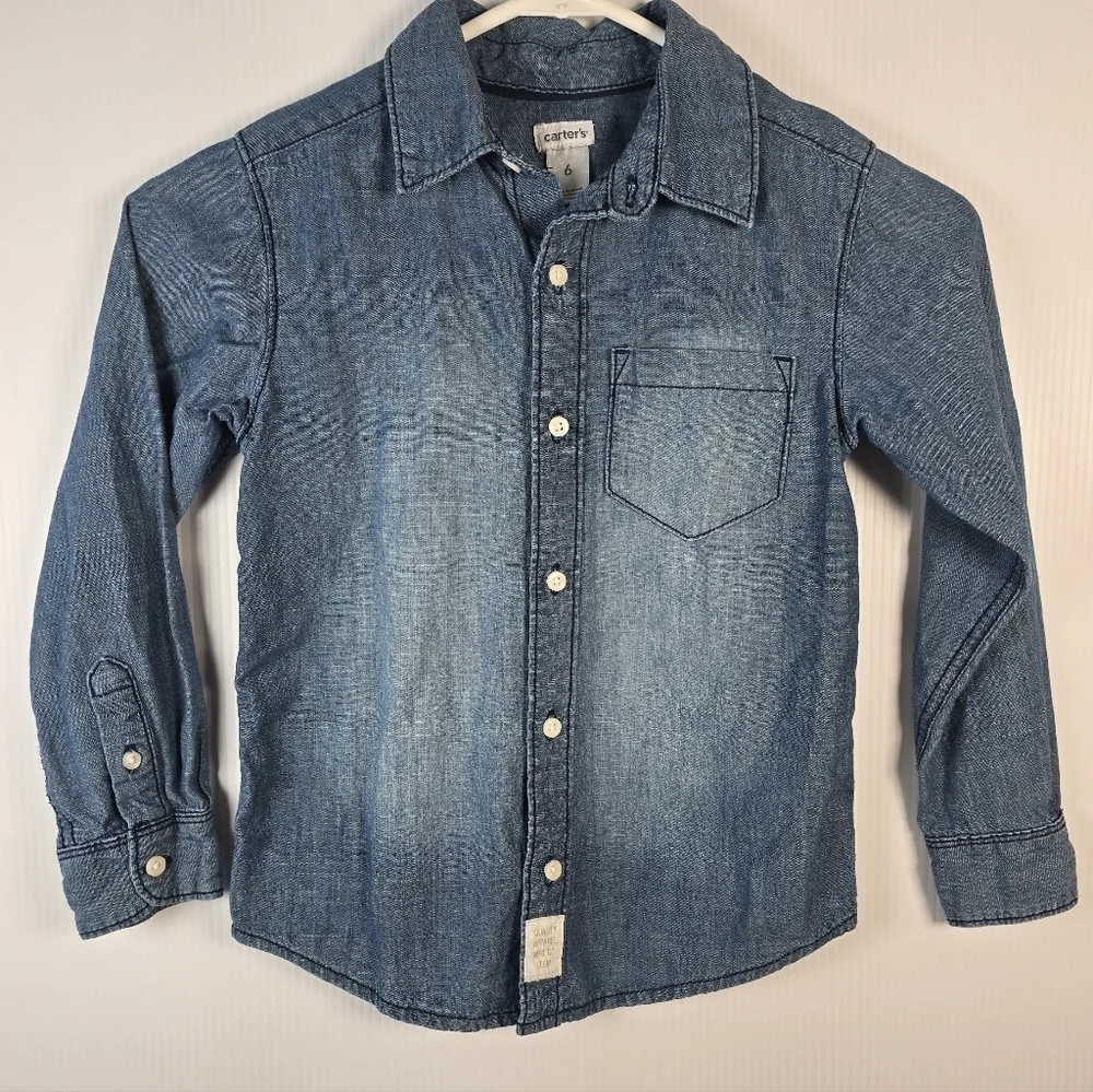 Carter's Boy/Girl Blue Button Down Denim Shirt Medium Wash Size 6 Long Sleeve